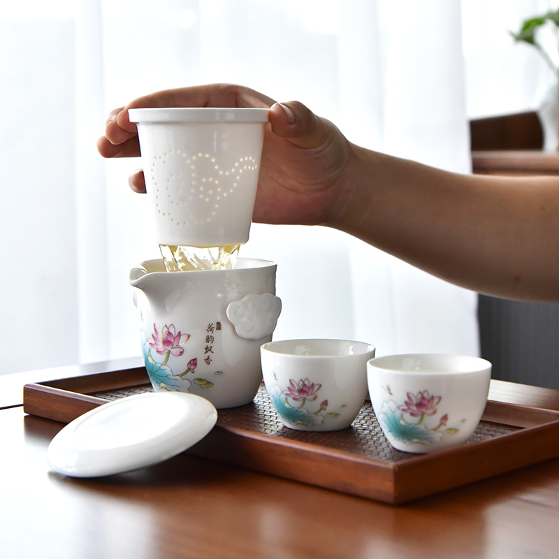 中国白羊脂玉旅行茶具一壶两杯冲茶器便携式礼盒装办公家用泡茶器