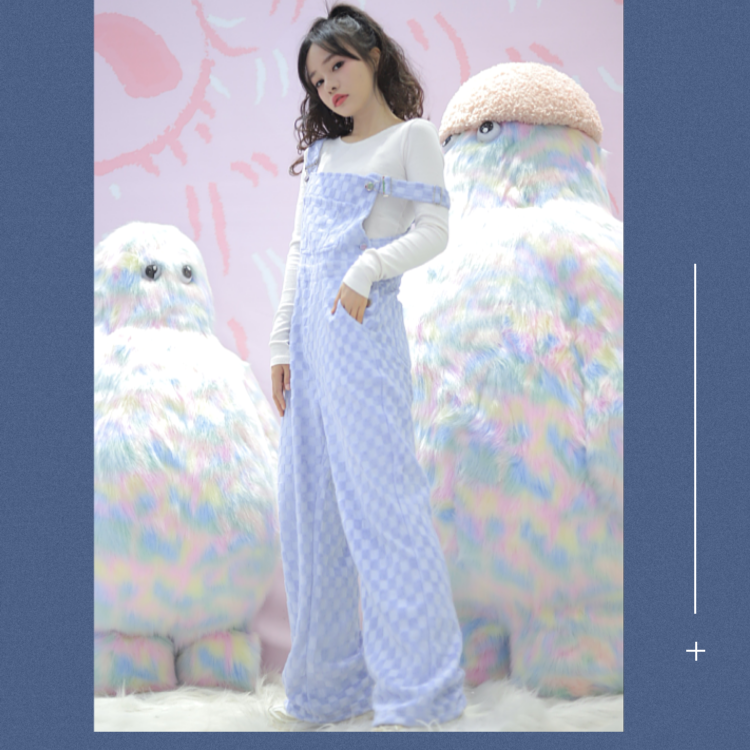 *春田花园*  原创奶蓝棋盘格毛巾绣背带裤拖地裤春秋少女宽松时尚