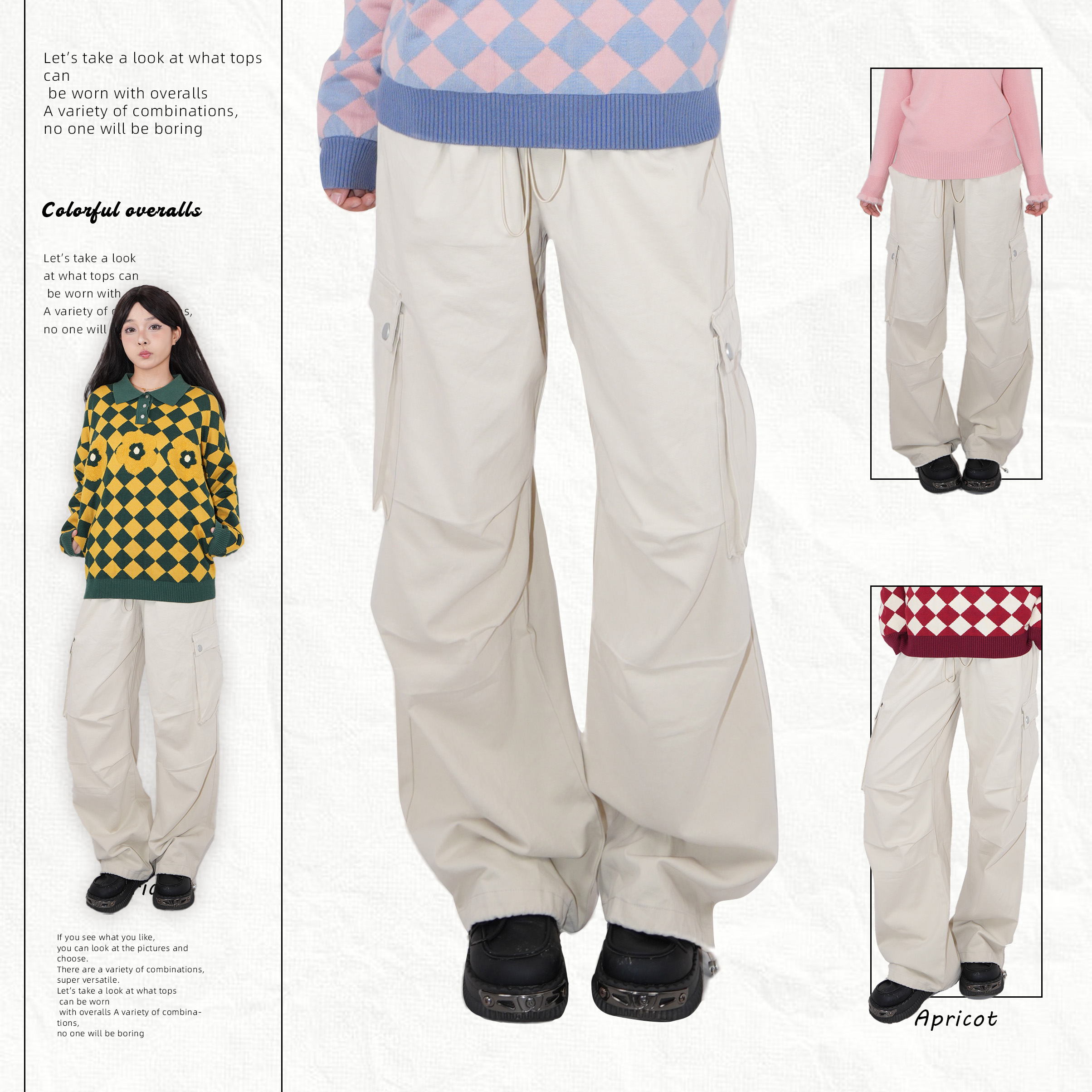 复古中腰工装裤女显瘦宽松调节扣抽绳直筒美式高街阔腿运动裤四季