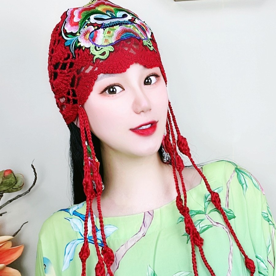 民族风时髦刺绣花辫子帽针织包头帽帽子流苏红色编织帽镂空帽