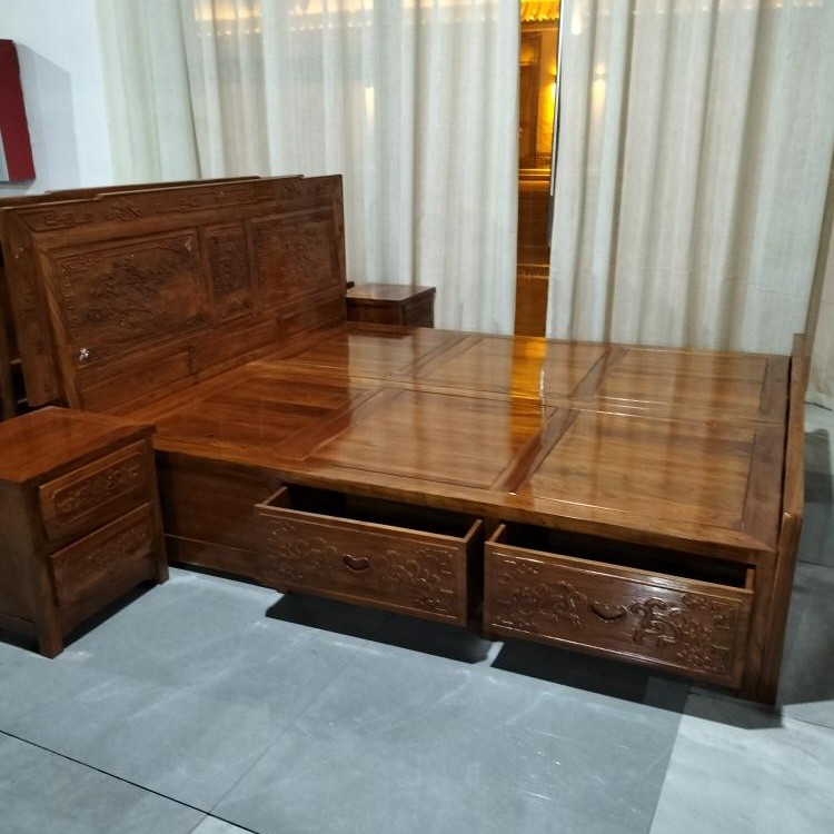 桂委古家北方老榆木全实木双人床1.8米大床婚床仿古雕花家具榫卯