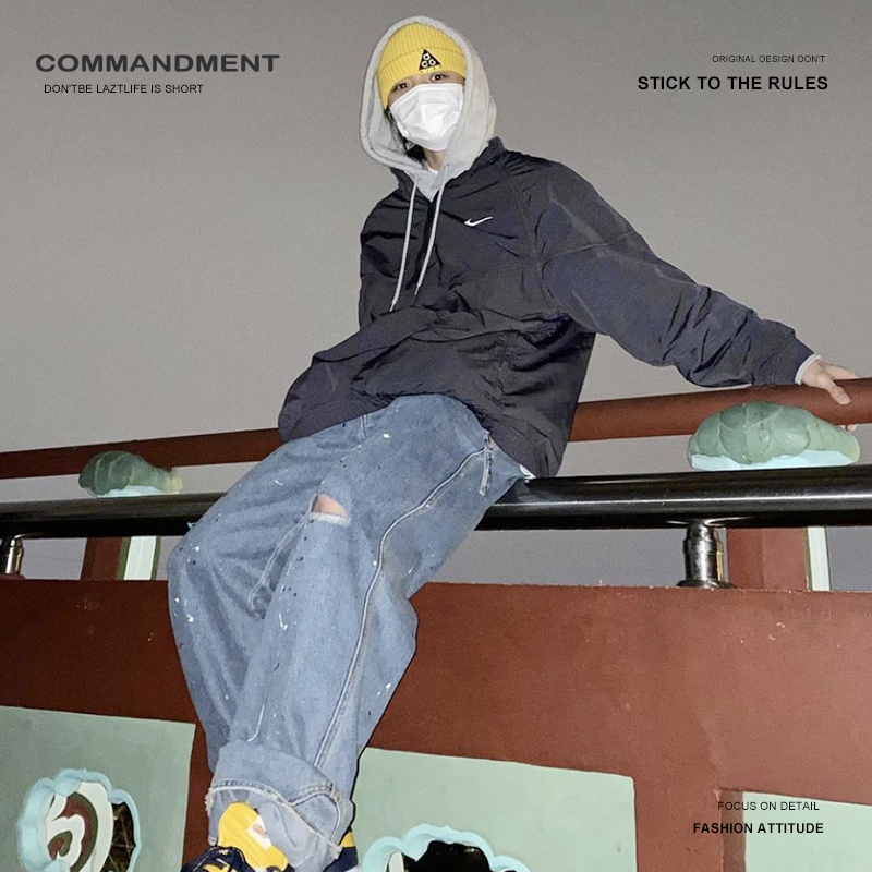 COMMANDMENT 新款原创个性口袋嘻哈泼墨风直筒长裤宽松水洗牛仔裤