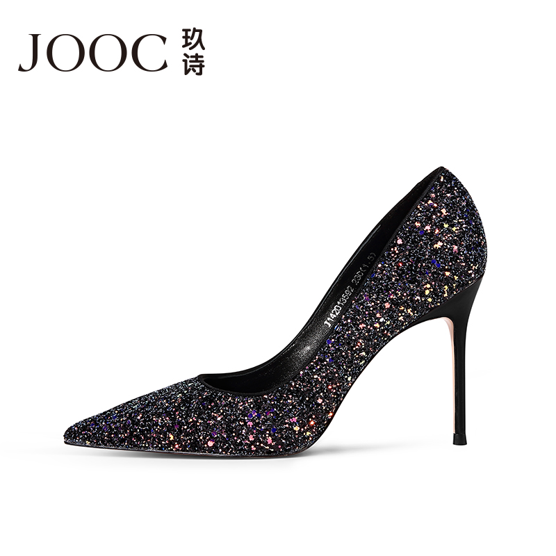 JOOC玖诗新款时尚尖头亮片高跟鞋女细跟浅口性感单鞋新娘宴会小码
