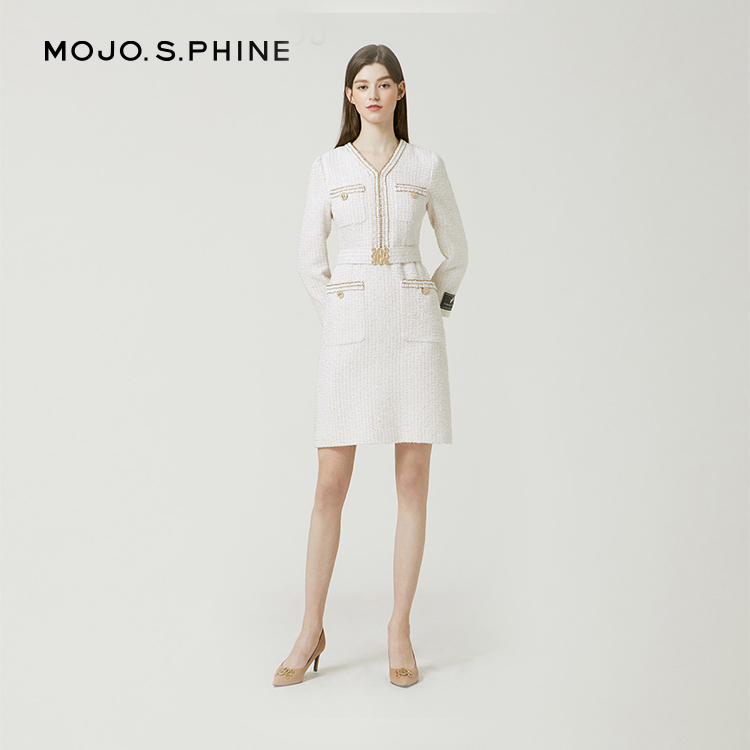 MOJO.S.PHINE小香风粗花呢针织白色秋冬名媛连衣裙-J221MSE003GO9