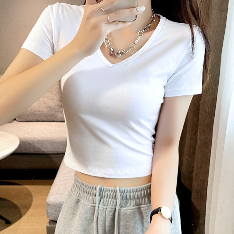 超火短款上衣女v领短袖t恤2024年新款纯棉白色半袖高腰露脐体恤潮