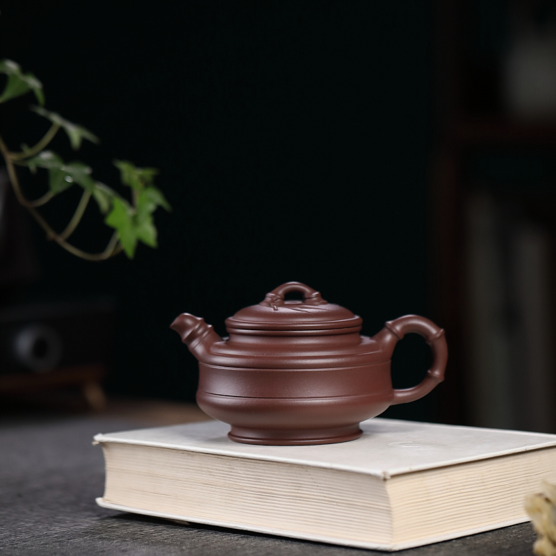 宜兴紫砂壶 双线竹鼓 原矿紫泥