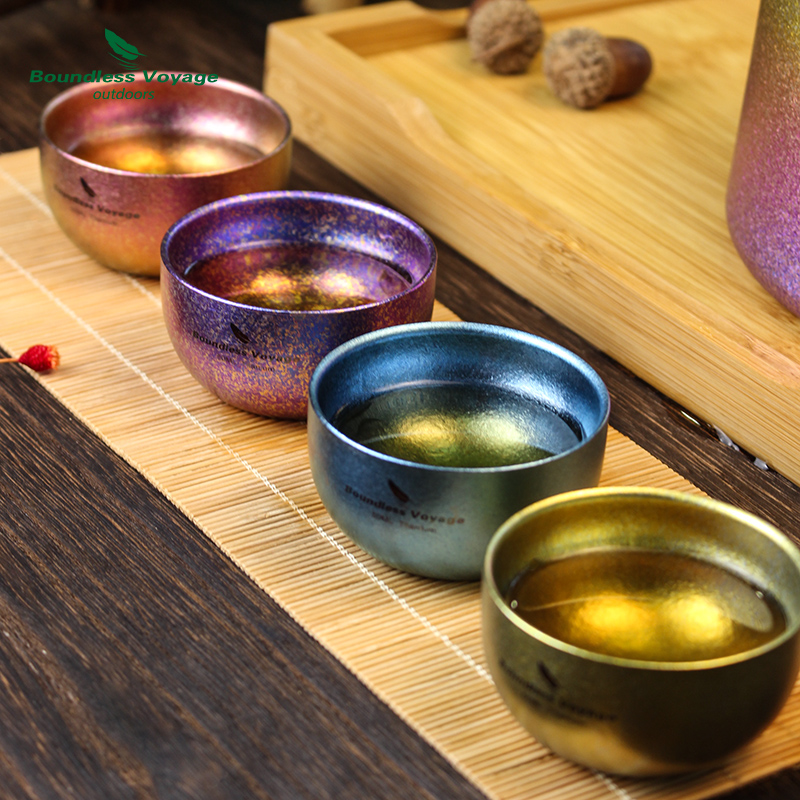 必唯纯钛冰花炫彩茗茶杯双层防烫钛杯户外轻量便携钛杯通用盏茶