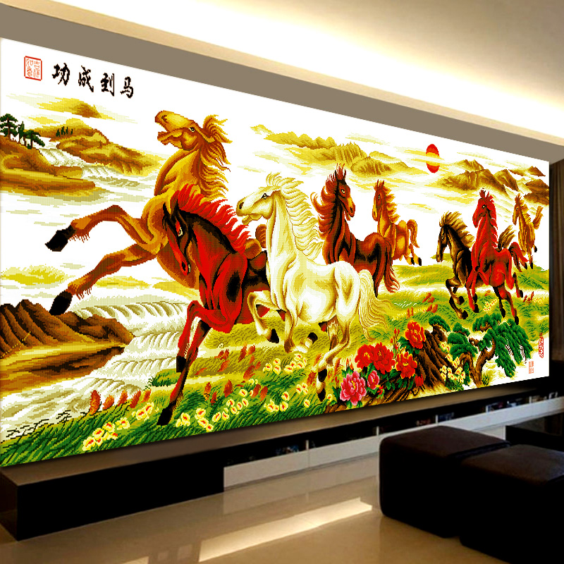 【宠粉福利】爱阁十字绣 马到成功八骏图 大幅风景客厅书房手工线绣