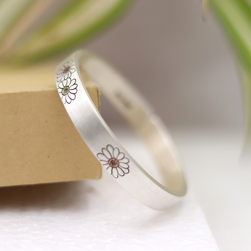 足银手镯 999纯银手镯女小雏菊复古情侣简约开口银镯素款古风磨砂