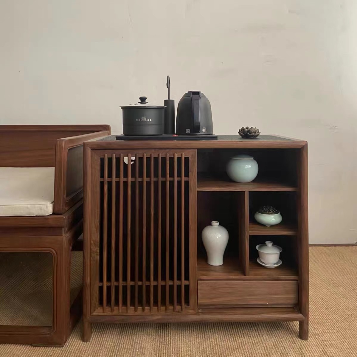 新中式实木茶水柜下置水桶烧水柜壶一体黑胡桃木茶桌边柜
