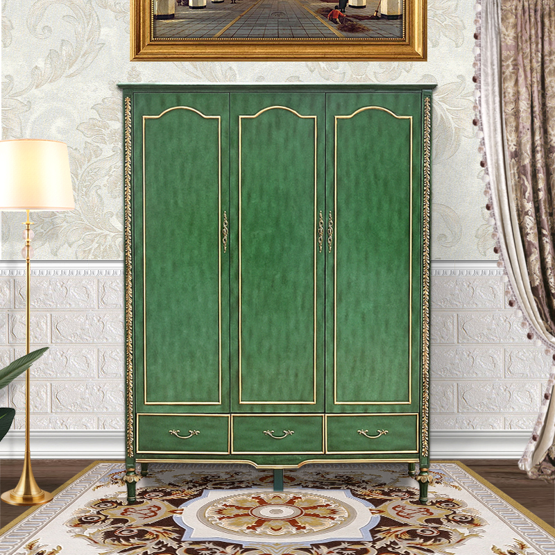 美式奢华乡村衣柜实木做旧彩绘家用卧室小户型欧式收纳衣橱高档