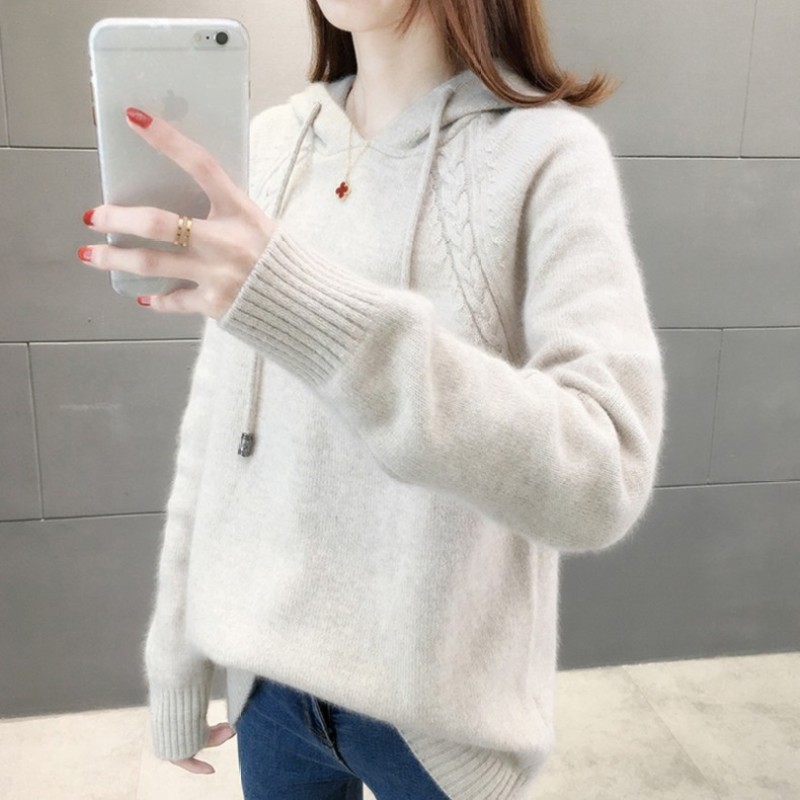 2157【斜麻花帽衫】秋季毛衣女士宽松外穿时尚连帽针织衫加厚
