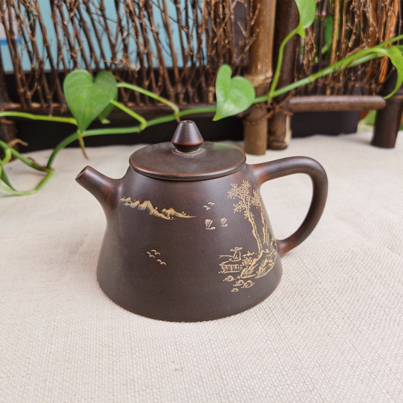 高瓢茶壶-坭兴陶茶杯陈乱乱 钦州陶手工山水雕刻240毫升-四大名陶