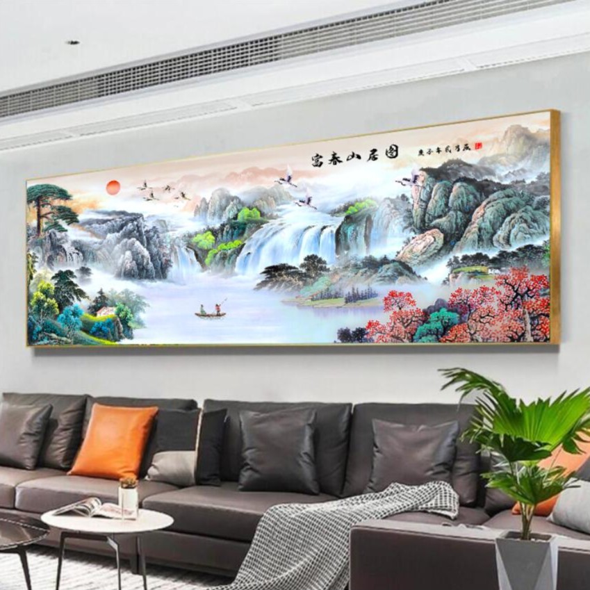  （富春山居图2 横幅画 ）客厅沙发背景墙壁画晶瓷晶钻装饰挂画
