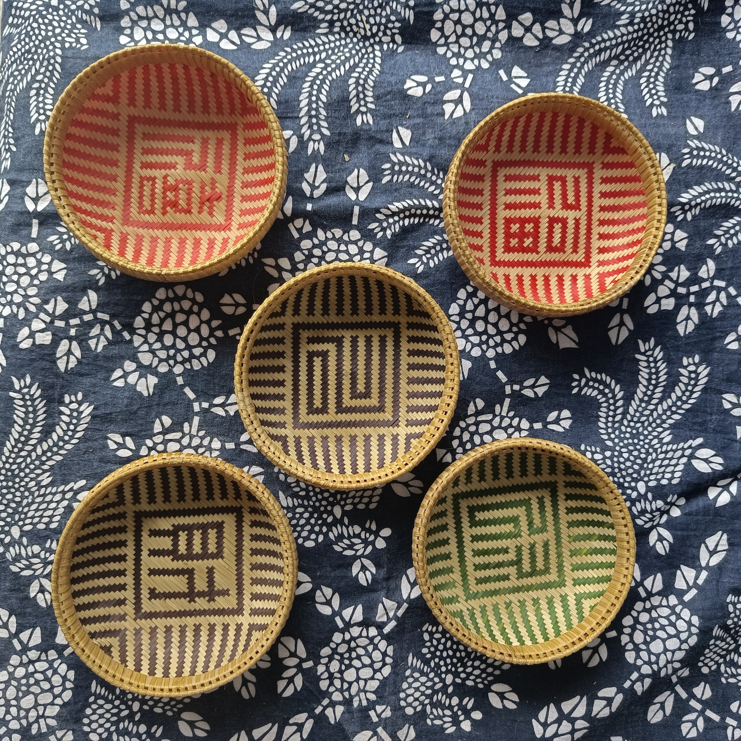 竹编福禄寿喜财手工文玩小盘