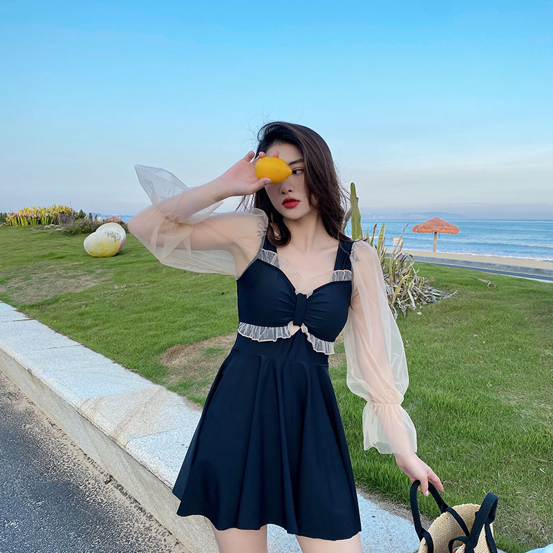 网红风时尚胖mm大码保守遮肚显瘦连体裙式小胸温泉游泳衣女