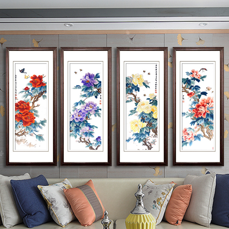 金吴针纯手工苏绣刺绣刺新中式客厅苏绣挂画玄关装饰画四联画牡丹