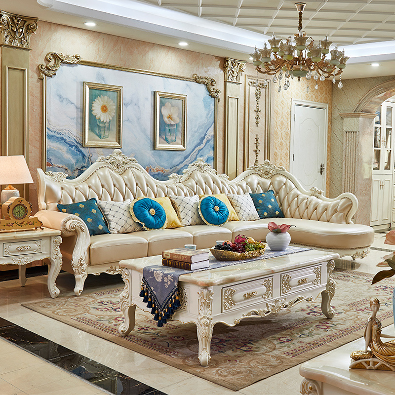 欧式双人转角沙发大小户型贵妃组合客厅实木雕花真皮沙发奢华皮艺