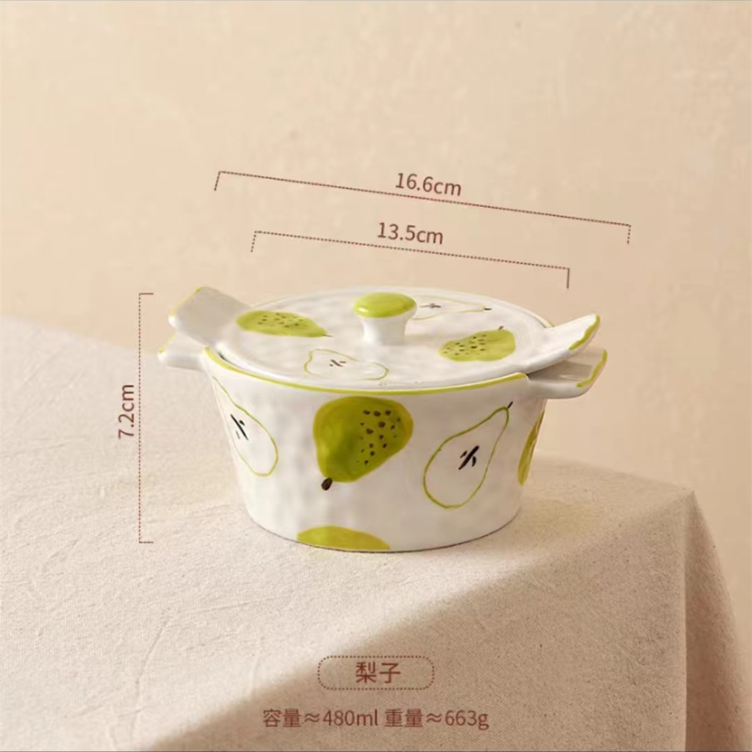 手绘陶瓷双耳带盖猪油罐网红