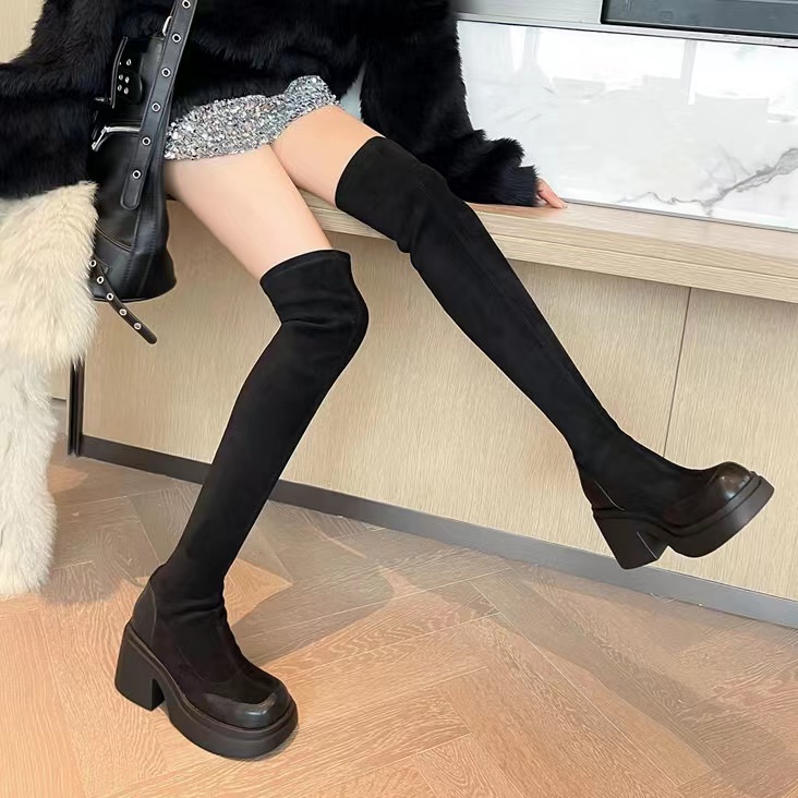 厚底黑色弹力过膝高跟长靴女2025年秋冬不掉筒辣妹显瘦高筒袜靴