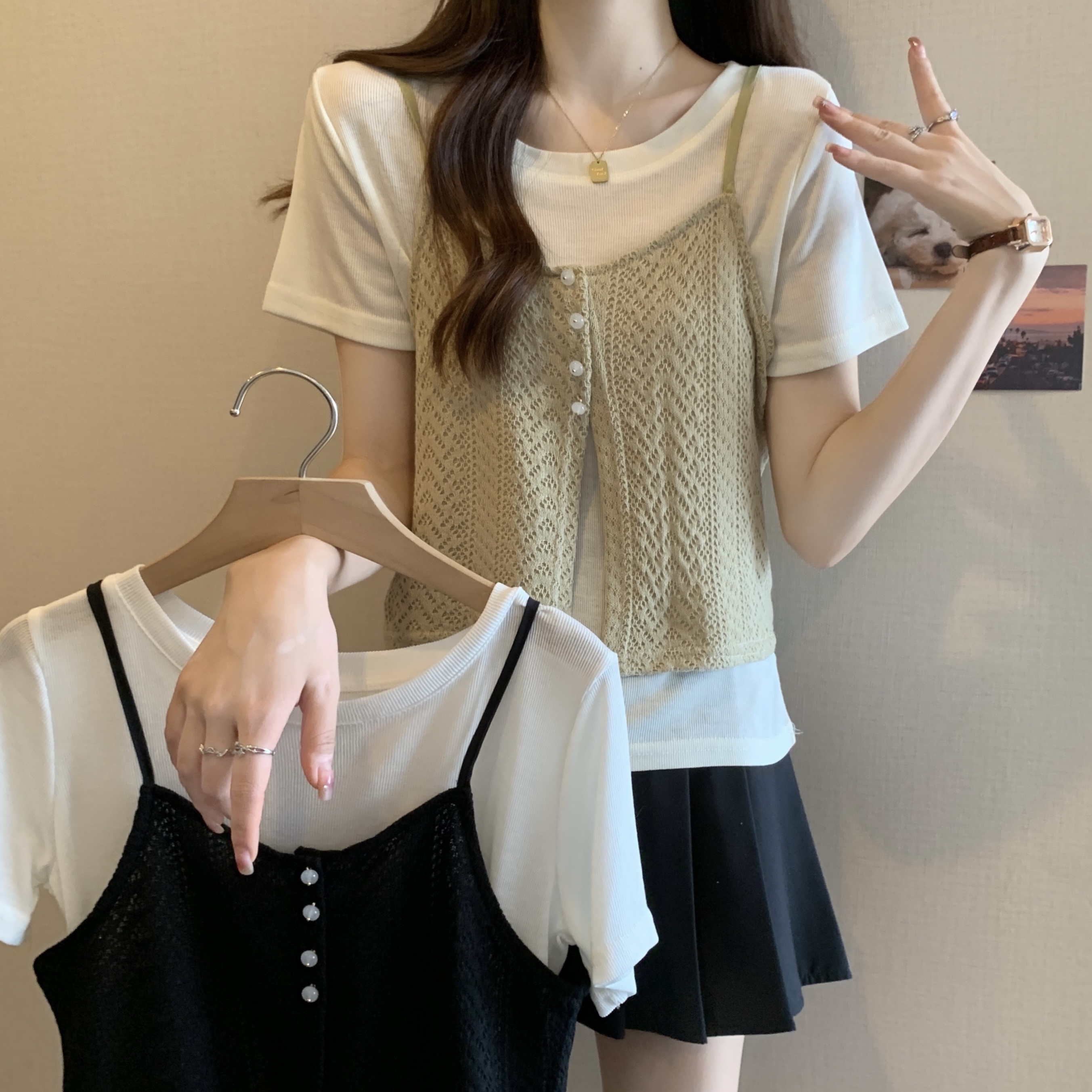 加大码女装2024夏新款韩版洋气遮肉显瘦薄款两件套百搭上衣T恤女