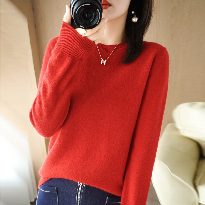 春秋圆领长袖针织衫时尚女内搭纯色显瘦百搭宽松套头针织衫女装