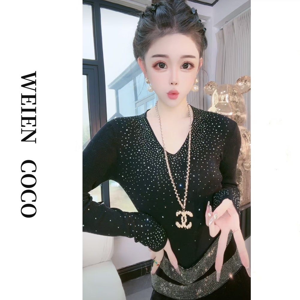 【薇恩COCO】满钻长袖针织衫百搭修身毛衣显瘦气质时尚打底衫 S2795