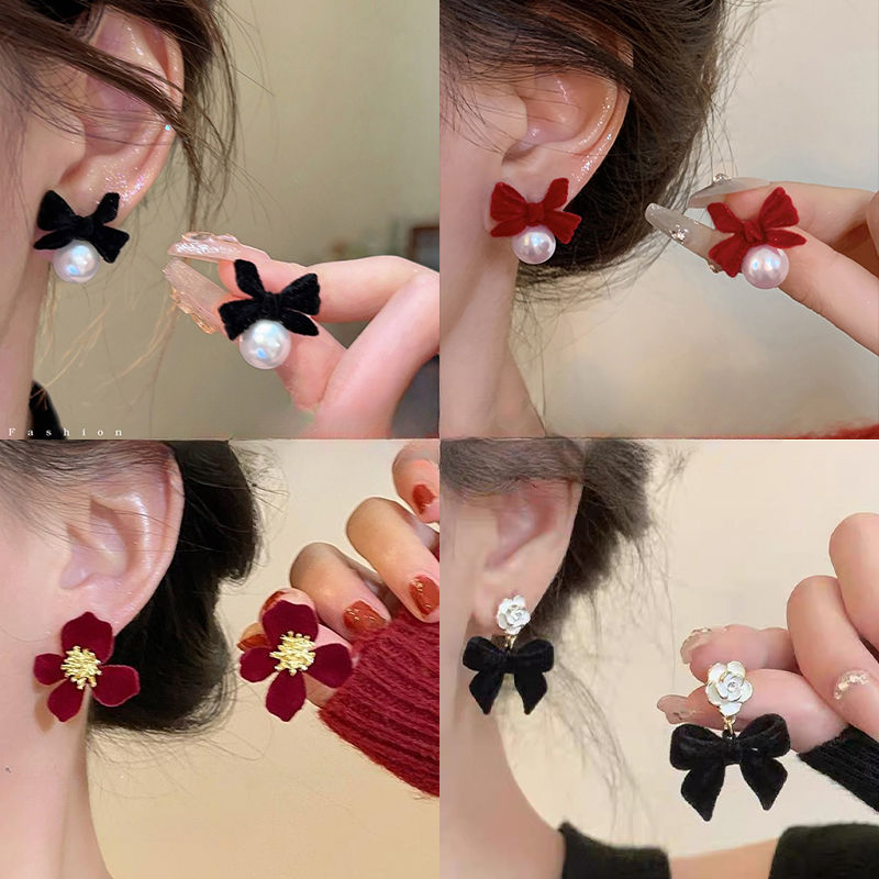 秋冬珠珠黑丝绒蝴蝶结耳钉秋冬新款潮耳饰女小众设计感高级耳环