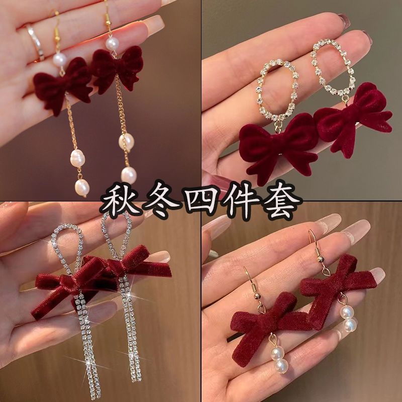 网红红色丝绒蝴蝶结耳环珠珠流苏耳坠新款潮小众设计感高级感耳饰