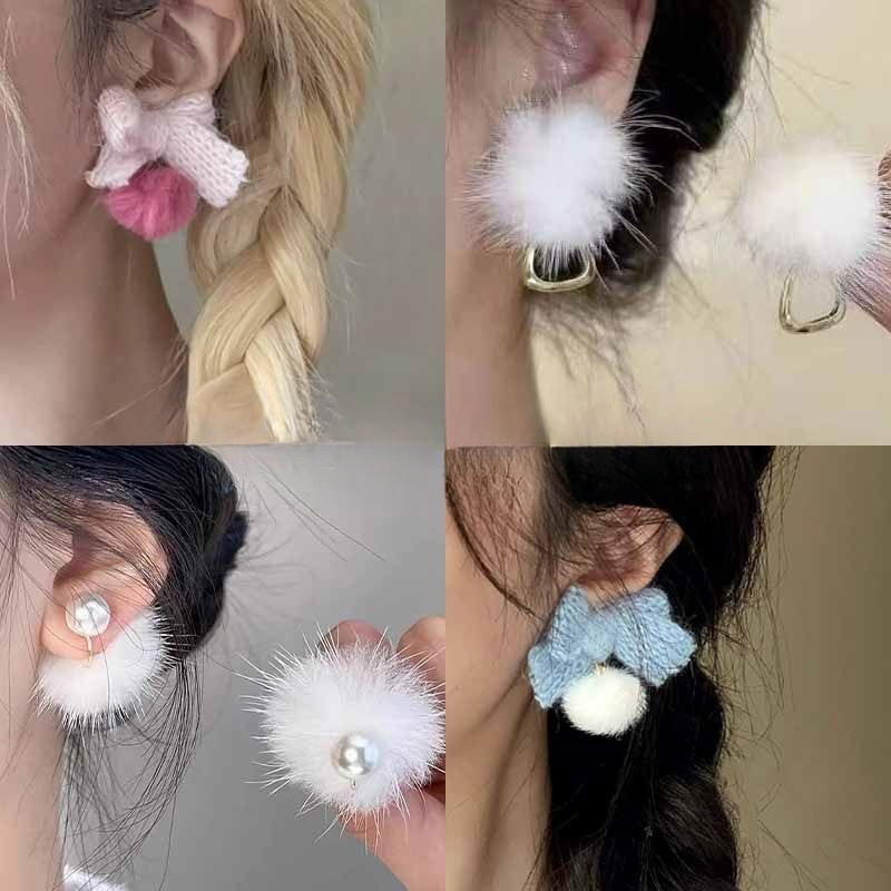 秋冬甜美可爱小众可爱少女蓝蝴蝶结毛绒球秋冬无耳洞蚊香盘耳夹女