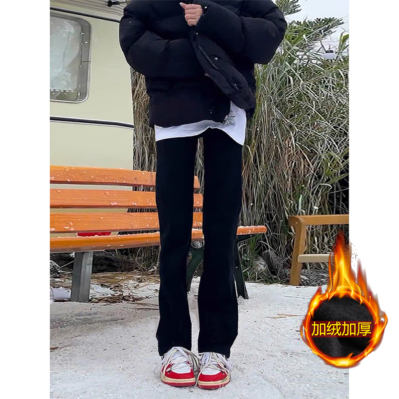 加绒牛仔裤男秋冬季宽松直筒修身高腰显瘦阔腿小脚窄版微喇休闲裤