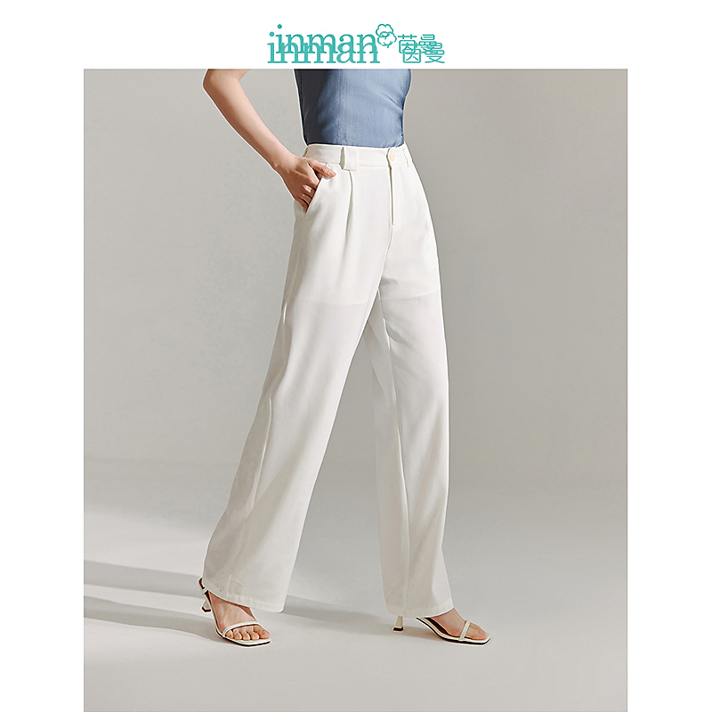【度假穿搭】茵曼夏季女休闲裤长裤筒裤直宽松高腰新款百搭时尚白色