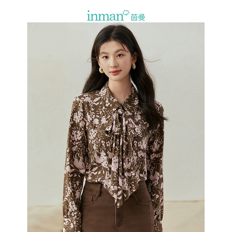 【商场同款】茵曼恒温时尚印花衬衣冬季女装新款可拆蝴蝶结上衣
