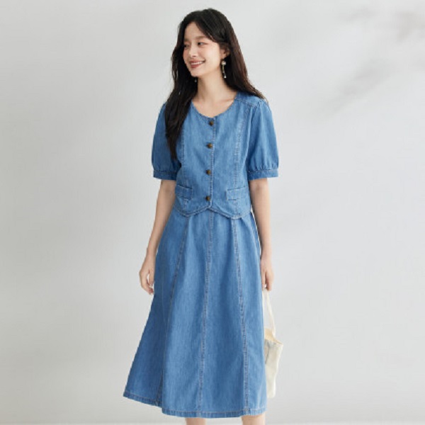 【欧若风新品】茵曼夏季休闲百搭显瘦牛仔半身裙套装裙短袖两件套女