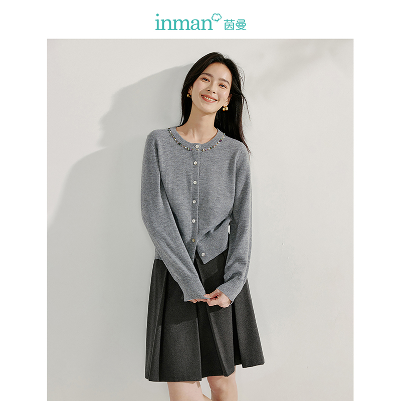 【双旦礼遇季】茵曼春季气质千金风钉珠圆领毛衣开衫洋气短针织外套