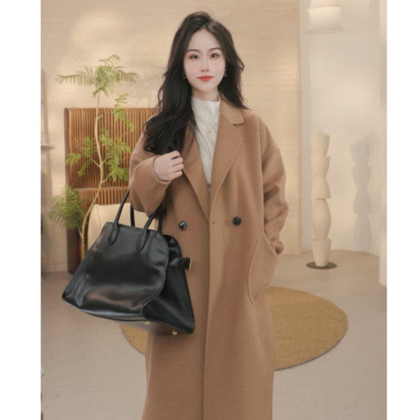 茵曼冬季双面呢外套翻驳配腰袢双排扣收腰保暖上衣女大衣