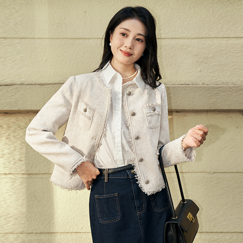 【欧若风新品】茵曼秋季优雅小香风复古小个子宽松长袖短款上衣外套