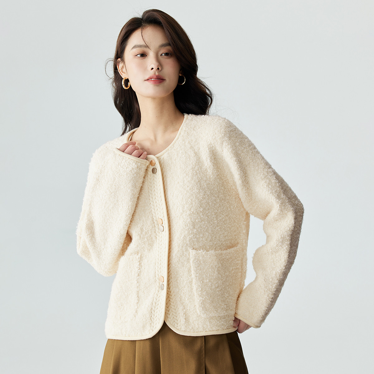 【薄荷曼波】茵曼2024春秋新款女毛衣长袖开衫短款宽松慵懒圆领薄款