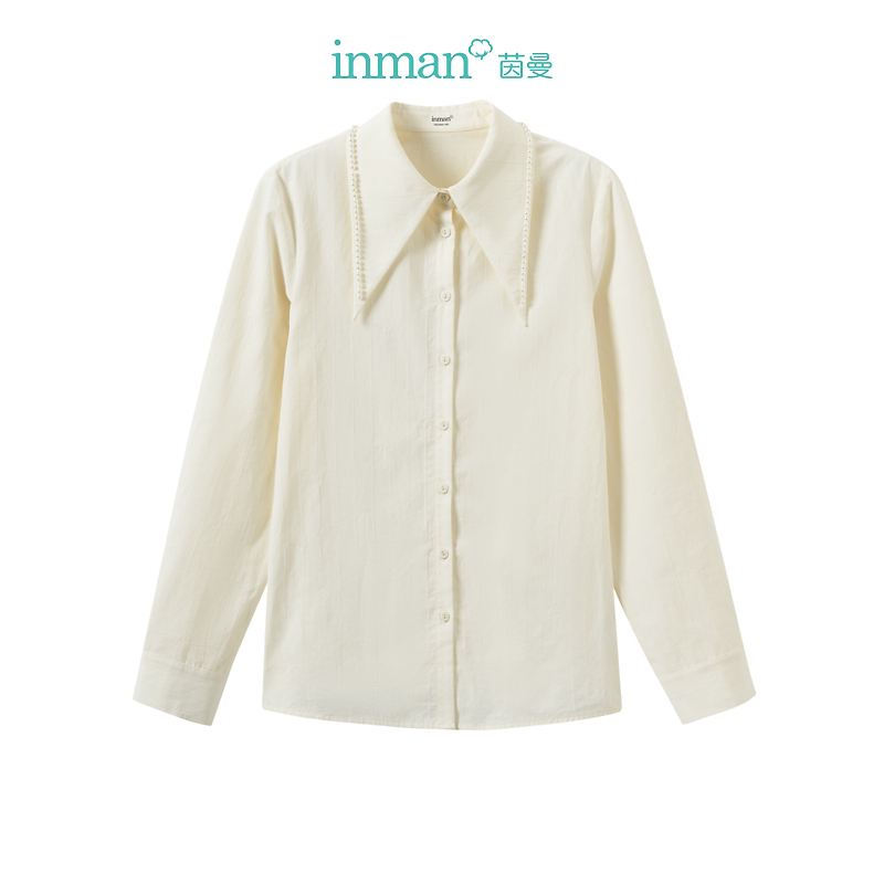 【商场同款】茵曼珍珠大尖领休闲衬衣冬季女装新款纯棉长袖上衣