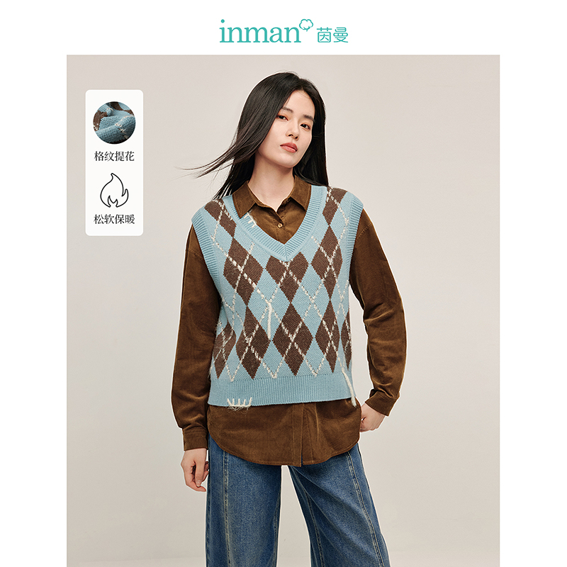 【商场同款】茵曼冬季女毛衣针织背心女装新款休闲马甲百搭格子爆款