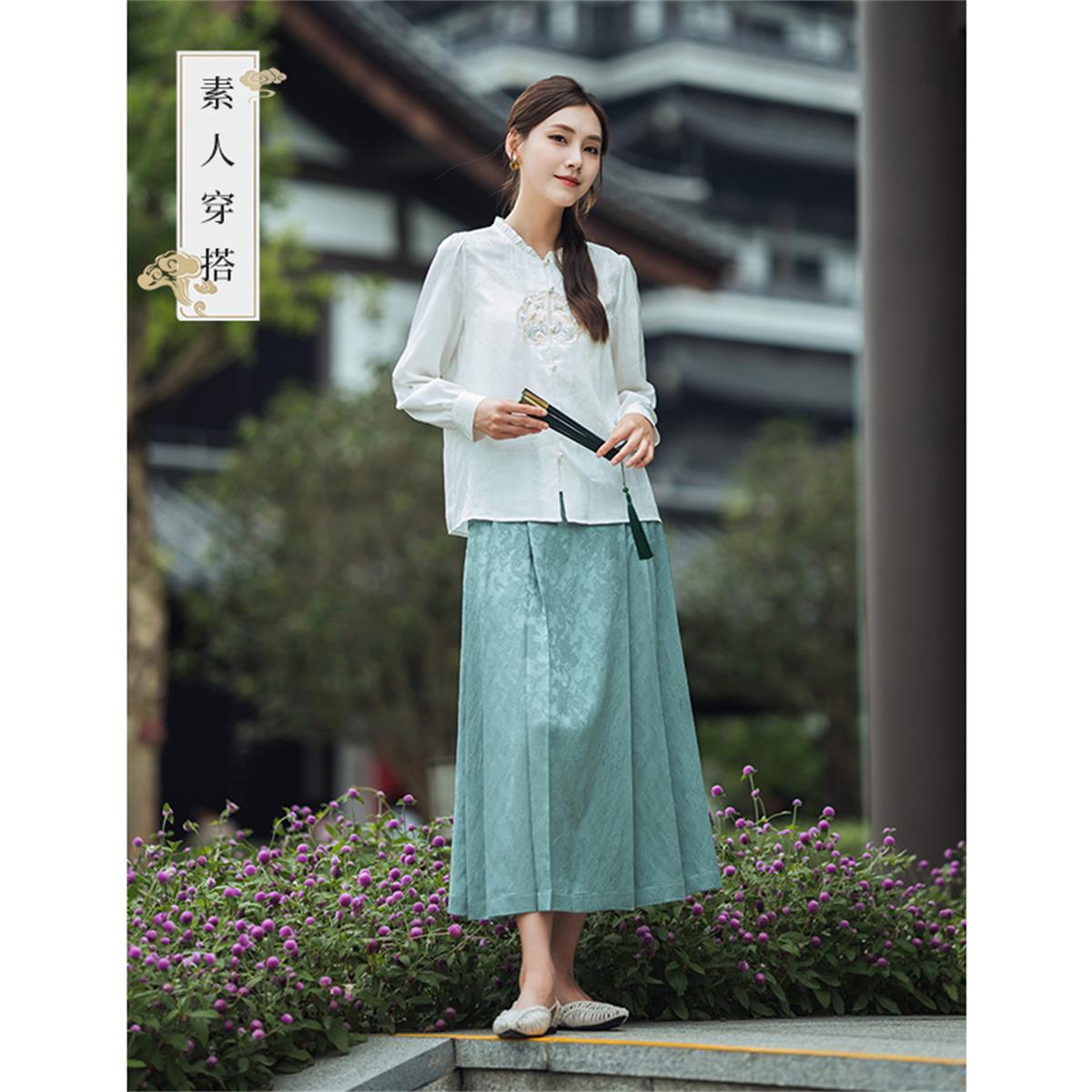 【尤莱特】茵曼2024春秋新款女衬衫长袖白衬衣休闲纯色提花时尚绣花