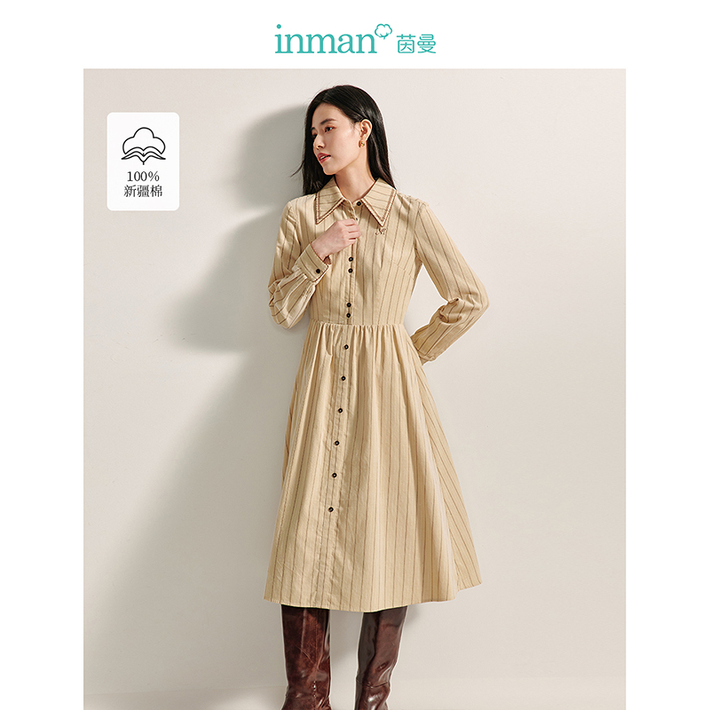 【商场同款】茵曼冬季女连衣裙长裙长袖显瘦女装衬衫新款休闲刺绣