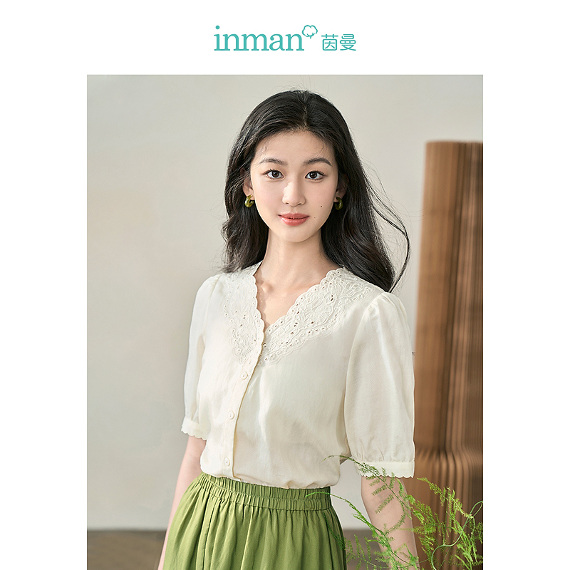 【商场同款】茵曼春秋女衬衫衬衣上衣女装短袖新款苎麻刺绣显瘦休闲
