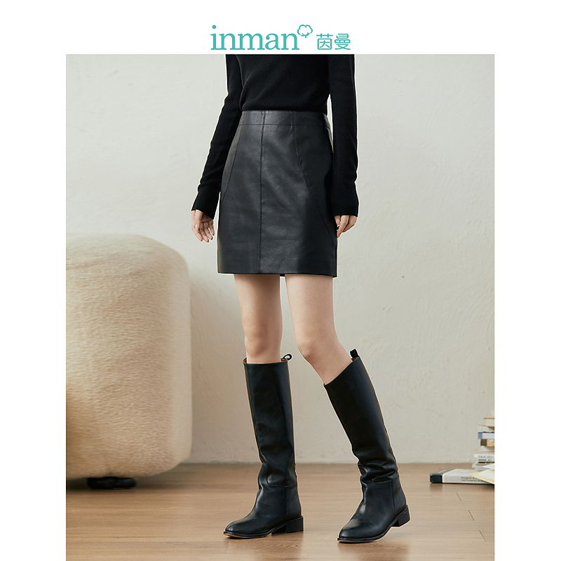 【商场同款】茵曼 PU皮裙冬季高腰短裙显瘦百搭时尚A字显瘦半身裙女