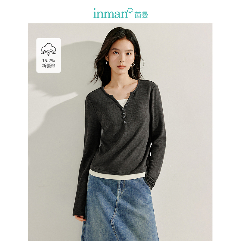 【商场同款】茵曼2025假两件撞色领T恤时尚百搭长袖修身上衣女 
