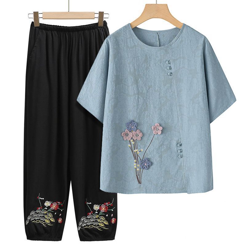 新款中老年女奶奶短袖夏装套装2025新款妈妈绵绸上衣