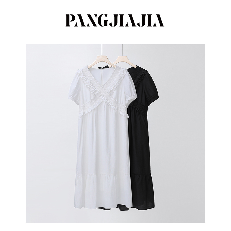 【胖佳佳】花嫁 短袖连衣裙夏季时尚木耳边v领收腰长裙子H624Z07282