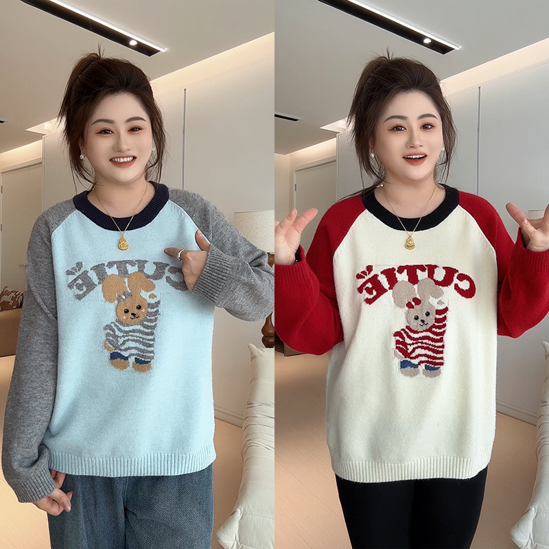 【胖佳佳】现货~童话兔子 圆领撞色毛衣秋冬时尚减龄针织H624Z19263