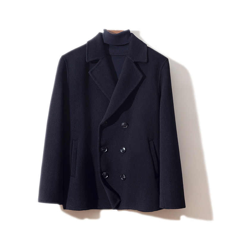 高端秋冬纯羊毛呢子大衣短款男士双面呢双排扣大衣西装领外套夹克