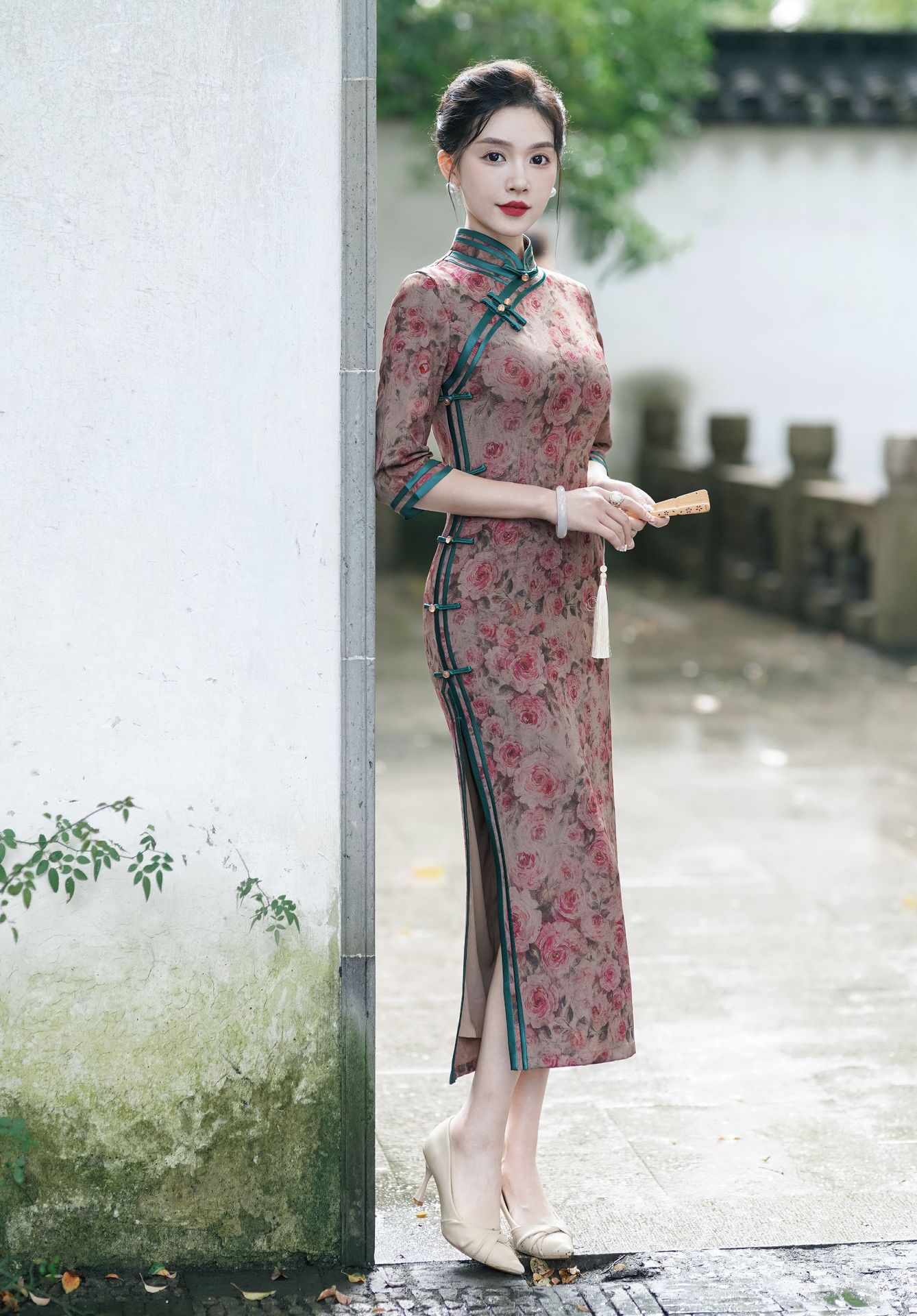 【粉玫瑰】秋新款中国风修身复古时尚优雅大方长款旗袍